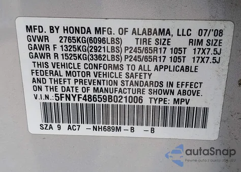 2009 Honda Pilot Ex-L z USA, uszkodzony, nr VIN 5FNYF48659B021006